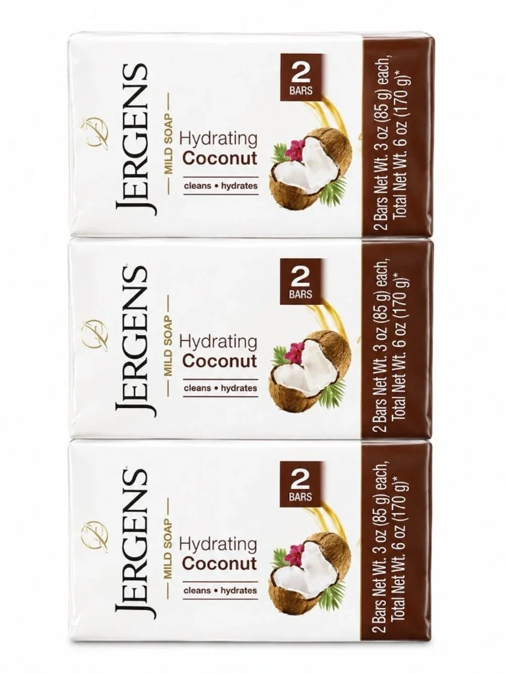 Jergens Mild Soap Hydrating Coconut 3oz Set of 3 Total of 6 Bar Soaps